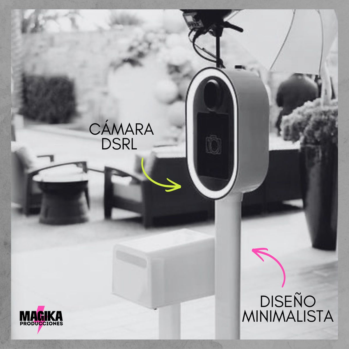 Servicio photobooth premium en chile con fotos blanco y negro. 